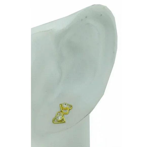 Double Heart Created White Sapphires Stud Earrings 14k Gold